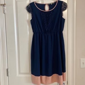 Navy and pink lace detail maternity dress